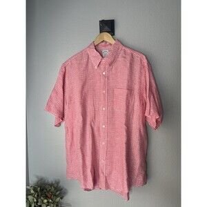 BROOKS BROTHERS Regent 100% IRISH LINEN McNUTT XL Pink Gingham Short  Sleeve